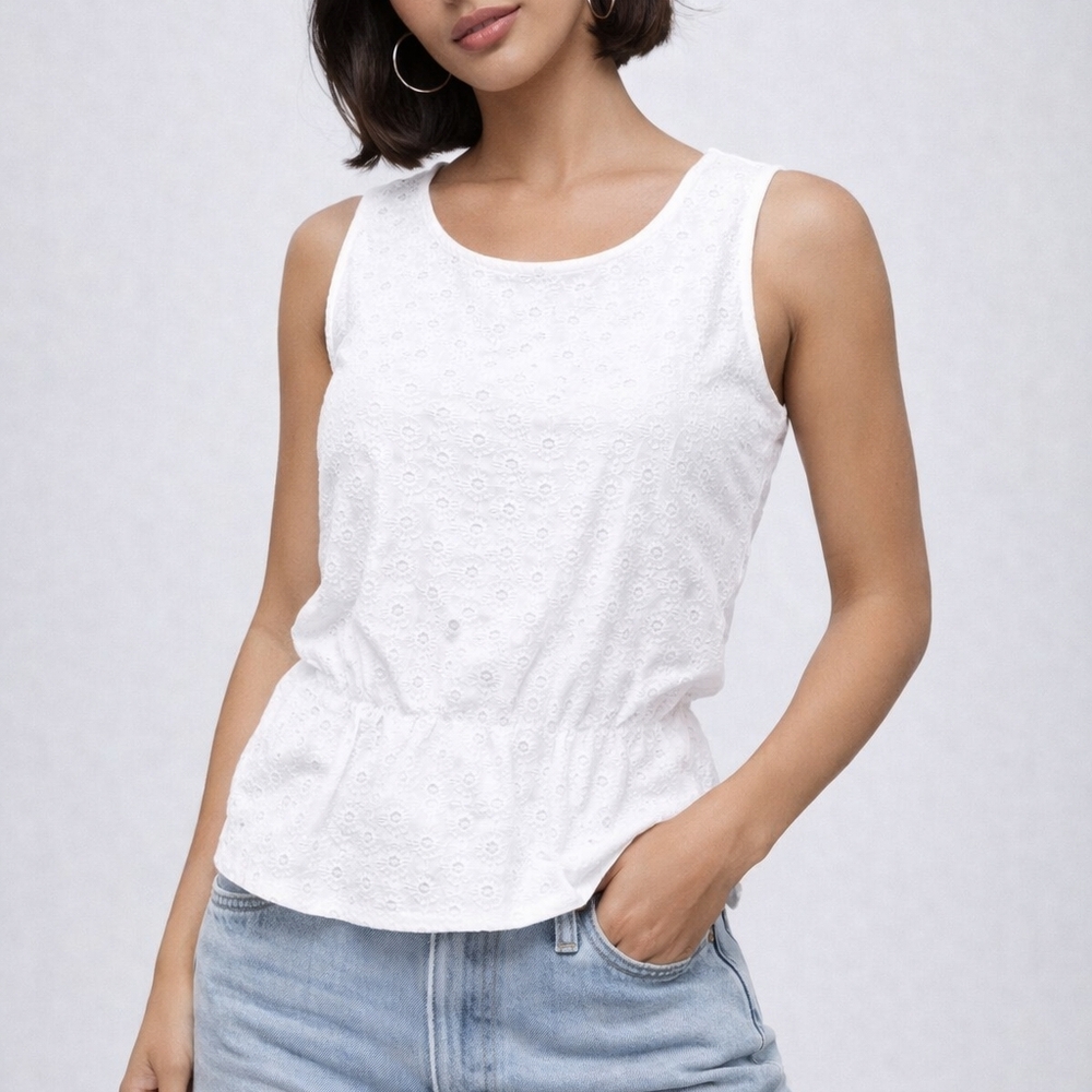 Halogen Eyelet Cotton Peplum Top Yellow Sleeveless Blouse Size Medium